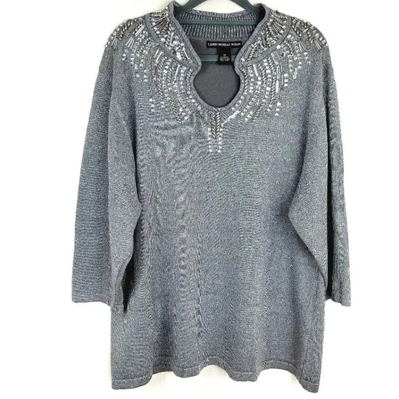 Y2K McBling Indie Sleaze Silver Rhinestone Keyhole Neck Sweater XL - Picture 1 of 10